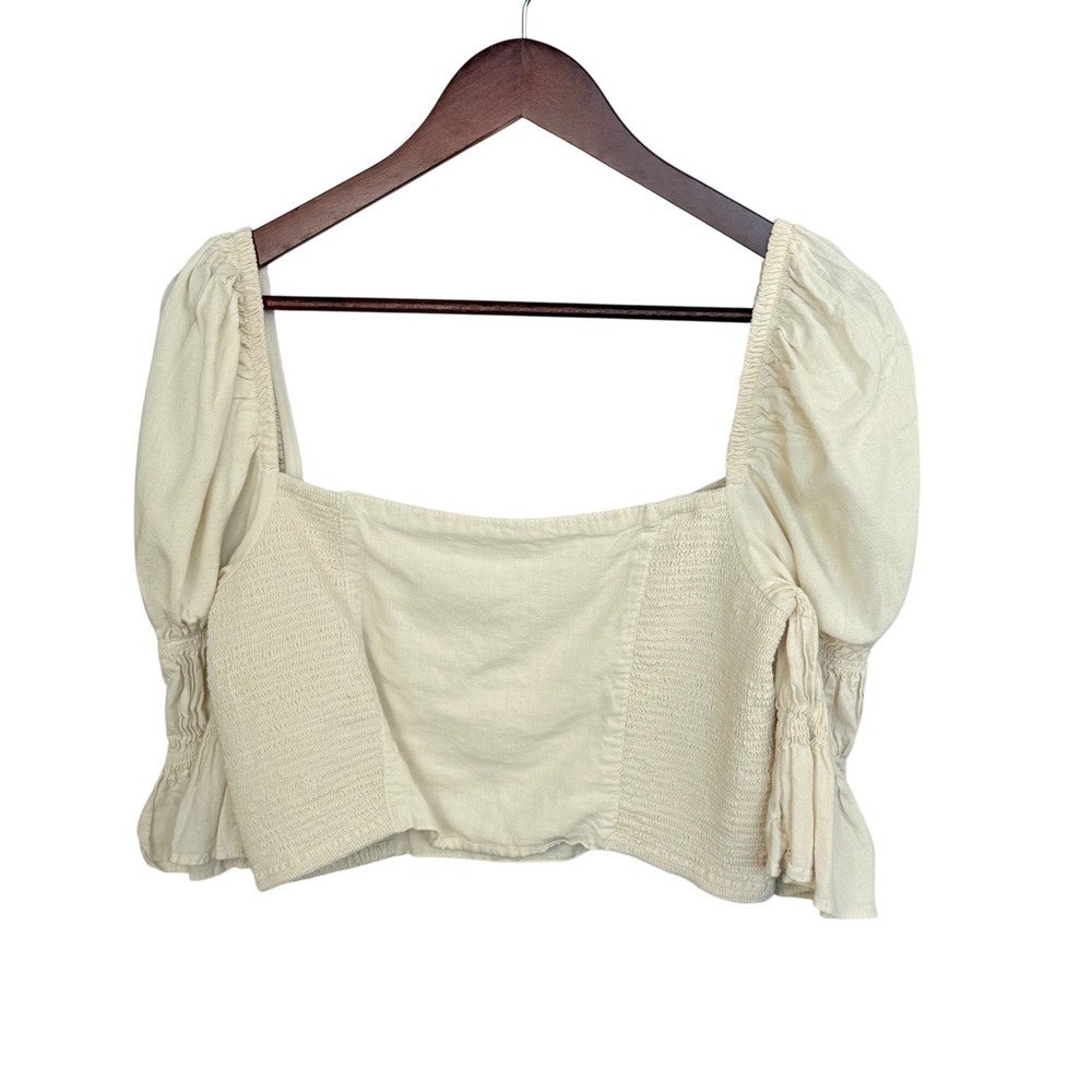 Urban Outfitters Smocked‎ Juliet Sleeve Crop Women's L Cream Square Neck Ruffle - Picture 2 of 12